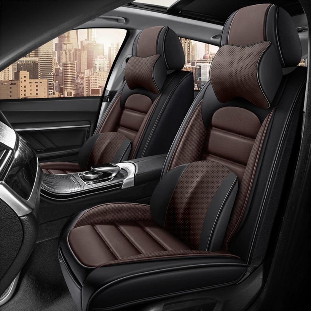 GFHJYY Car Seat Cover for Nissan Rogue 2014-2025,Premium Leather Seat Cover,Non-Slip Waterproof Breathable Automotive Seat Covers Fit for Most Cars,(Brown & Classic Black,Full Set with Pillow)