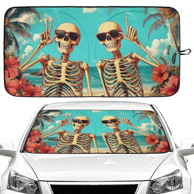Funny Skull Beach Car Windshield Sun Shade Foldable Sunshade Front Window Cover Sun Visor Protector Accessories (59x27.5 inches)