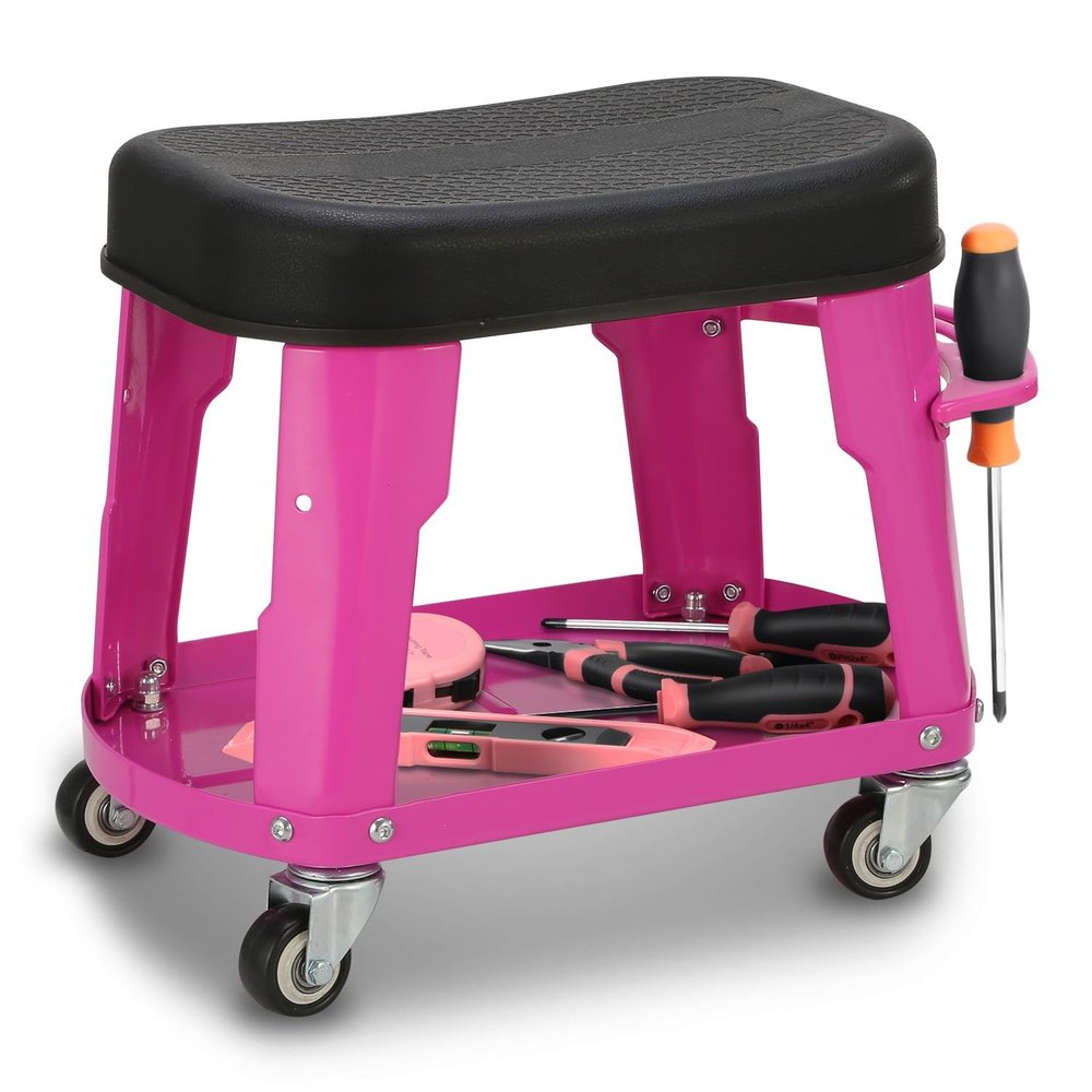 Auto Dynasty Mechanic Roller Stool, 300 LBS Capacity Rolling Creeper Garage Shop Seat with Tool Tray, Heavy Duty Mechanic Roll Repair Chair for Workshop Household Home Warehouse Office, Purple