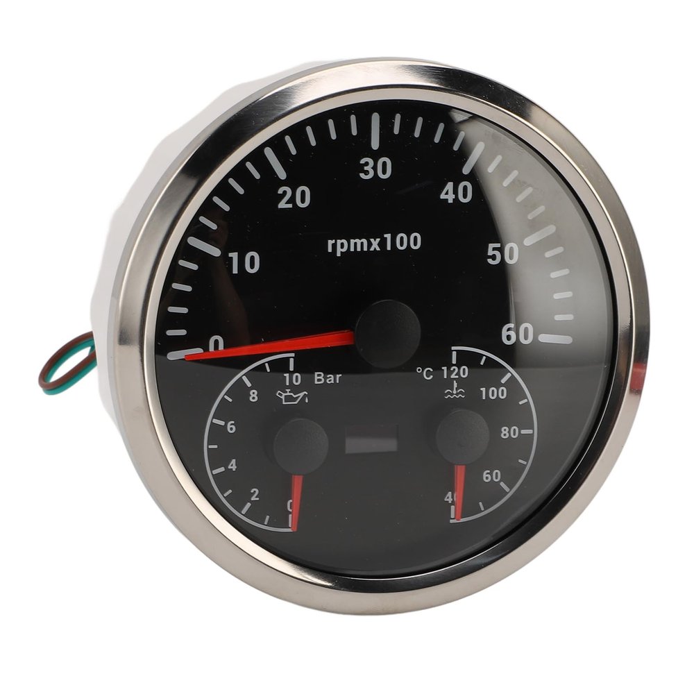 3 in 1 Electrical Tachometer Oil Pressure Gauge Water Temp Gauge 4 3/8in 6000rpm 0 to 10bar 40 to 120 7 Colors Backlit for RV Yacht Truck (Black Dial Silver Bezel)