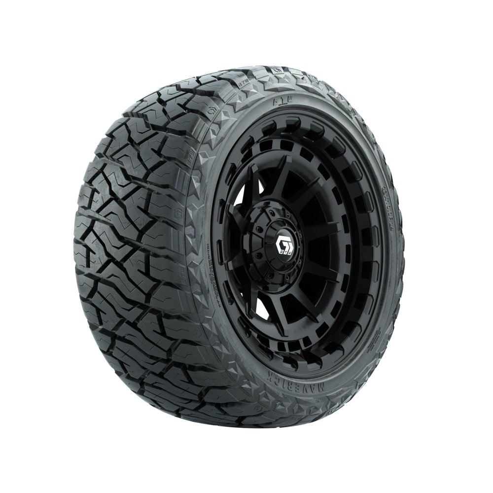 GTW 14 Inch Golf Cart Wheels and Tires Combo | GTW Barricade Gloss Black Wheels on 23x10-R14 (23") Maverick Steel Belted Radial All Terrain Tires | Set of 4