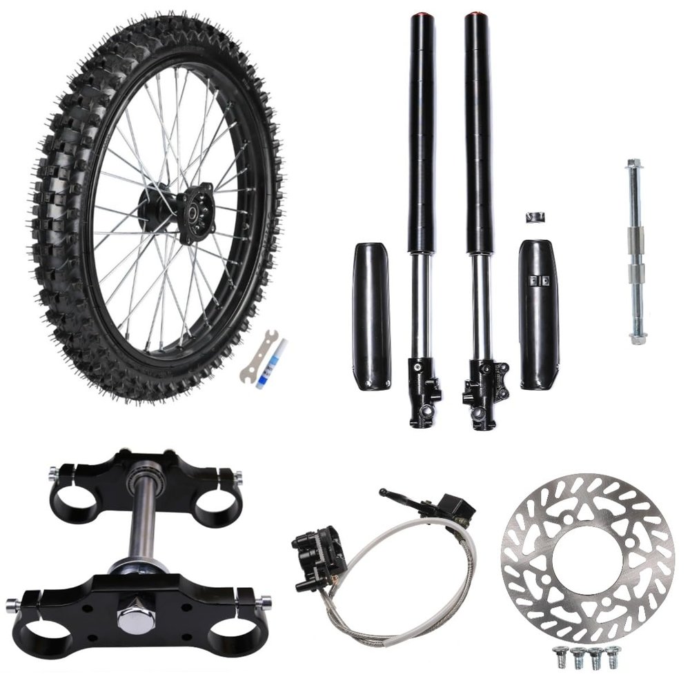 70/100-19 Dirt Bike Front Wheel Tire and Rim 28" Upside Down Front Fork Triple Tree Brake Caliper Master Disc Brake Rotor 15mm Wheel Rim Axle for Razor Trail Pit Pro Bike Offroad Motorcycle Motocross