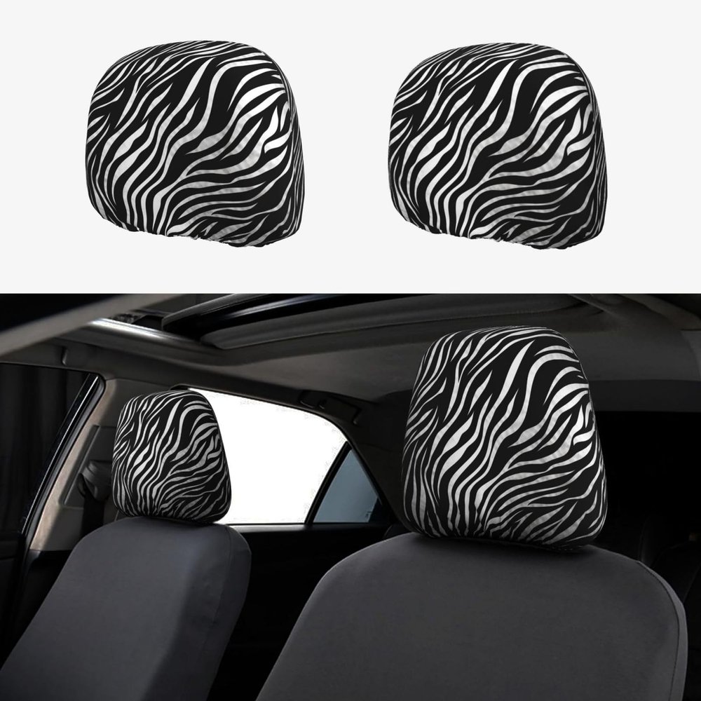 FHEBNDS Zebra Print Car Headrest Cover 2 Pcs Universal Soft Washable Car Seat Head Rest Protector Elastic Breathable Auto Interior Decor Front & Rear Seat Headrest Pads
