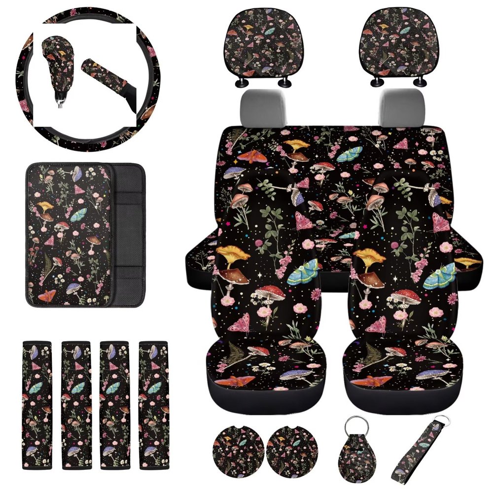 Horeset Mushroom 18 Pieces Automotive Seat Covers & Accessories+Steering Wheel Cover+Seat Belt Pads+ 6 Accessories(Armrest Cushion, Cup Holder, Ketchains) Universal Fit for All Vehicles