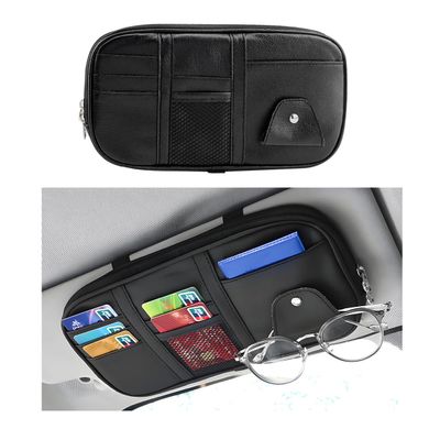 MUQIDA Car Sun Visor Organizer, Multi-Pocket Visor Storage Pouch Sunglasses Holder with Net Zippers, PU Leather Sunvisor Storage Bag with Elastic Band for Driving License Card Pen (Black)