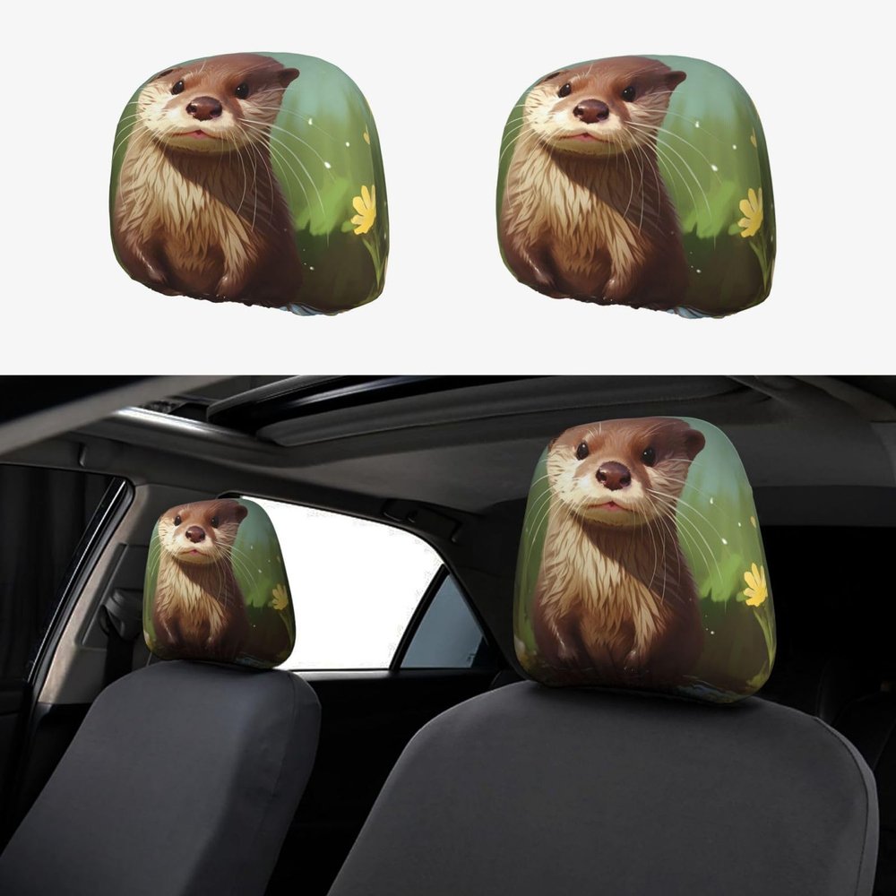 FHEBNDS Cute Otter Car Headrest Cover 2 Pcs Universal Soft Washable Car Seat Head Rest Protector Elastic Breathable Auto Interior Decor Front & Rear Seat Headrest Pads
