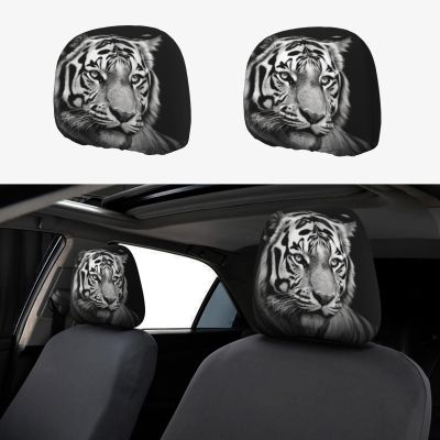 FHEBNDS Black and White Tiger Car Headrest Cover 2 Pcs Universal Soft Washable Car Seat Head Rest Protector Elastic Breathable Auto Interior Decor Front & Rear Seat Headrest Pads