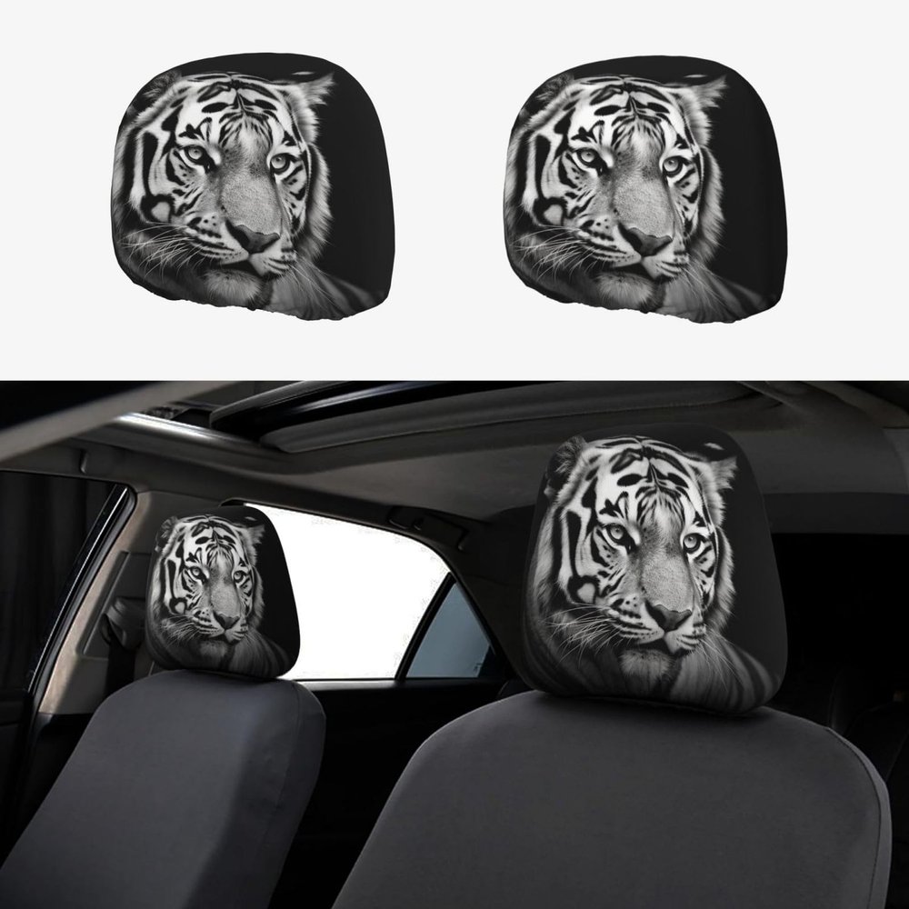 FHEBNDS Black and White Tiger Car Headrest Cover 2 Pcs Universal Soft Washable Car Seat Head Rest Protector Elastic Breathable Auto Interior Decor Front & Rear Seat Headrest Pads