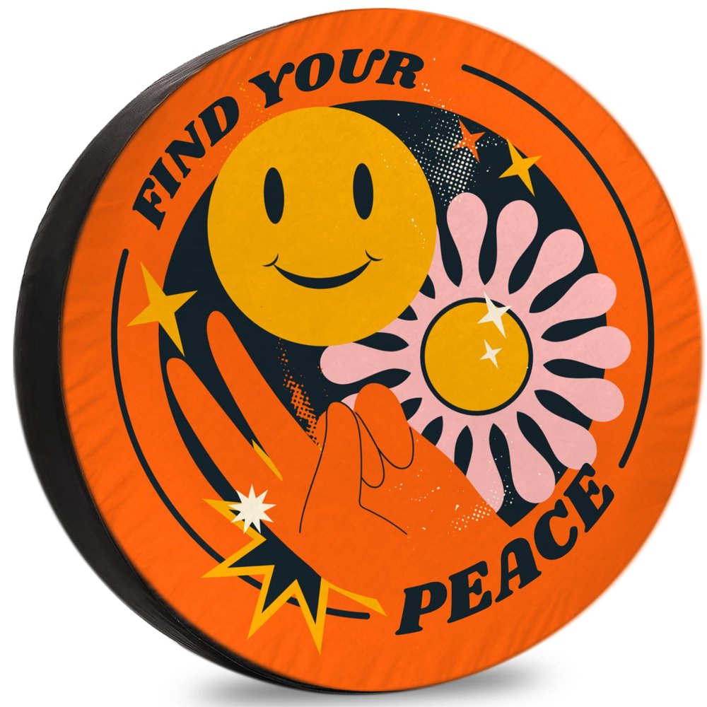 RUUEESTAR Smile Face Peace Spare Tire Covers for RVs Van Accessories for Camping with Weatherproof, UV-Resistant & Dustproof Protection for RVs, SUV Camp Travel - 12 Inch