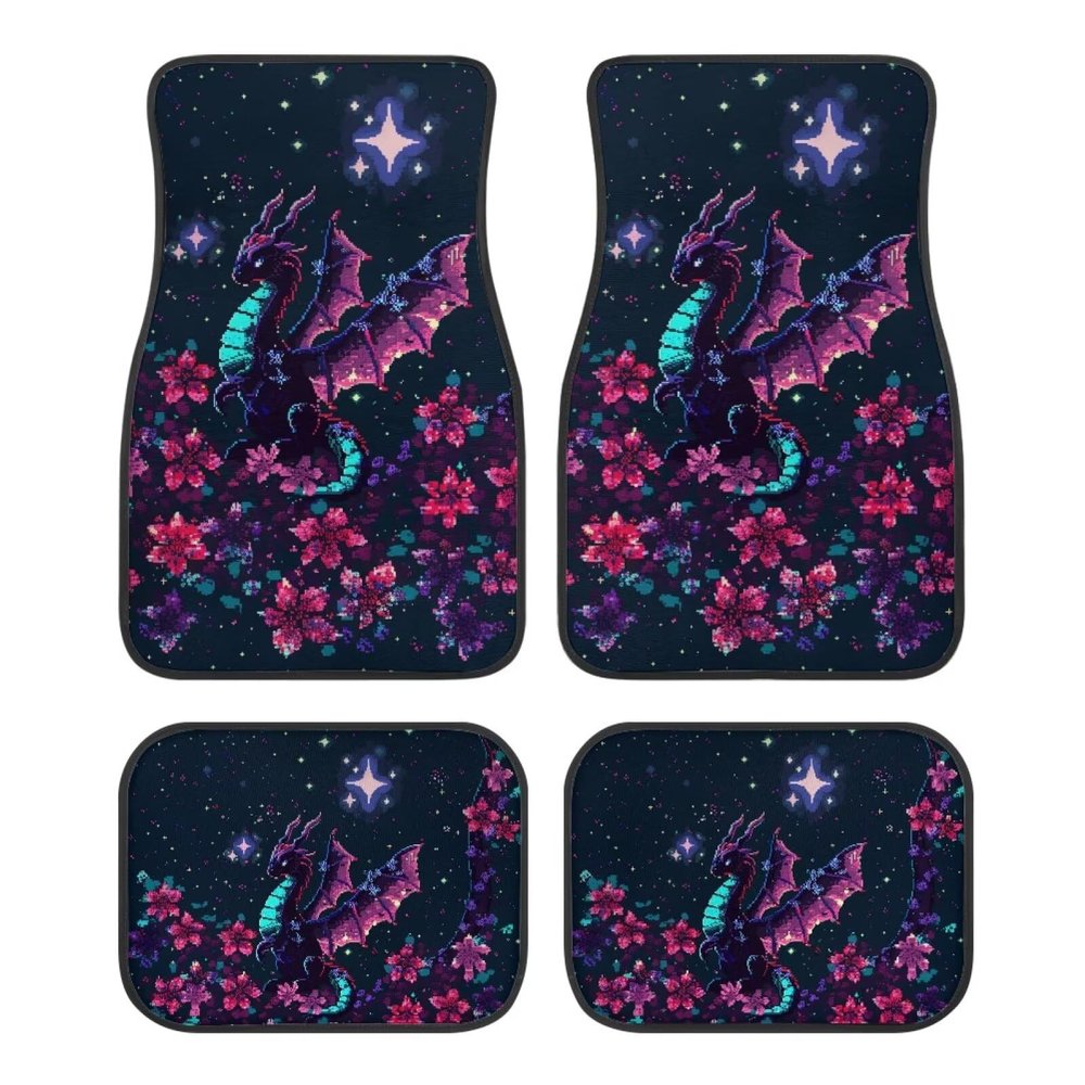Pixel Floral Dragon Print Universal Fit Car Floor Mats 4-Piece,Front & Rear Automotive Floor Mats with Multi Pixel Style Designs