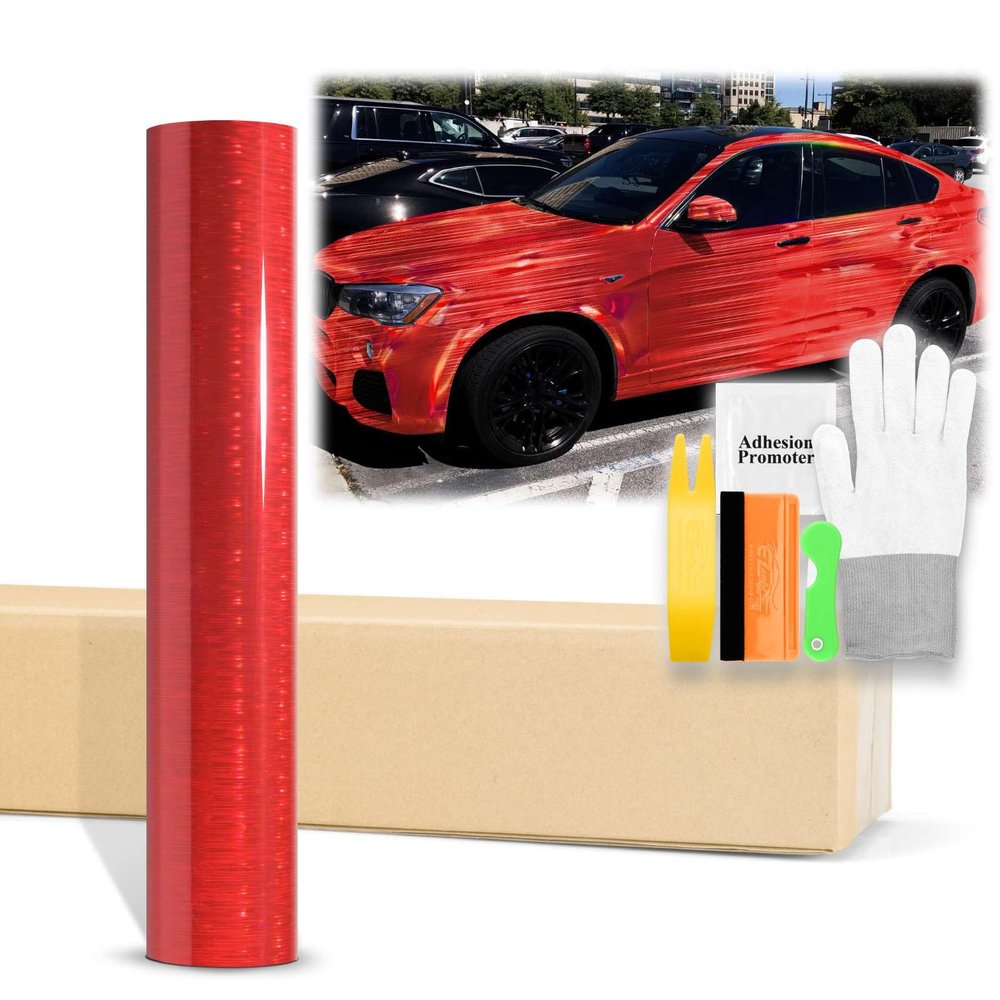 48"x60" (4FTx5FT) Red Holographic Brushed Aluminum Rainbow Neo Chrome Gloss Vinyl Wrap Auto Car Sticker Decal Film Sheet Bubble Free Air Release Technology with Tool Kit
