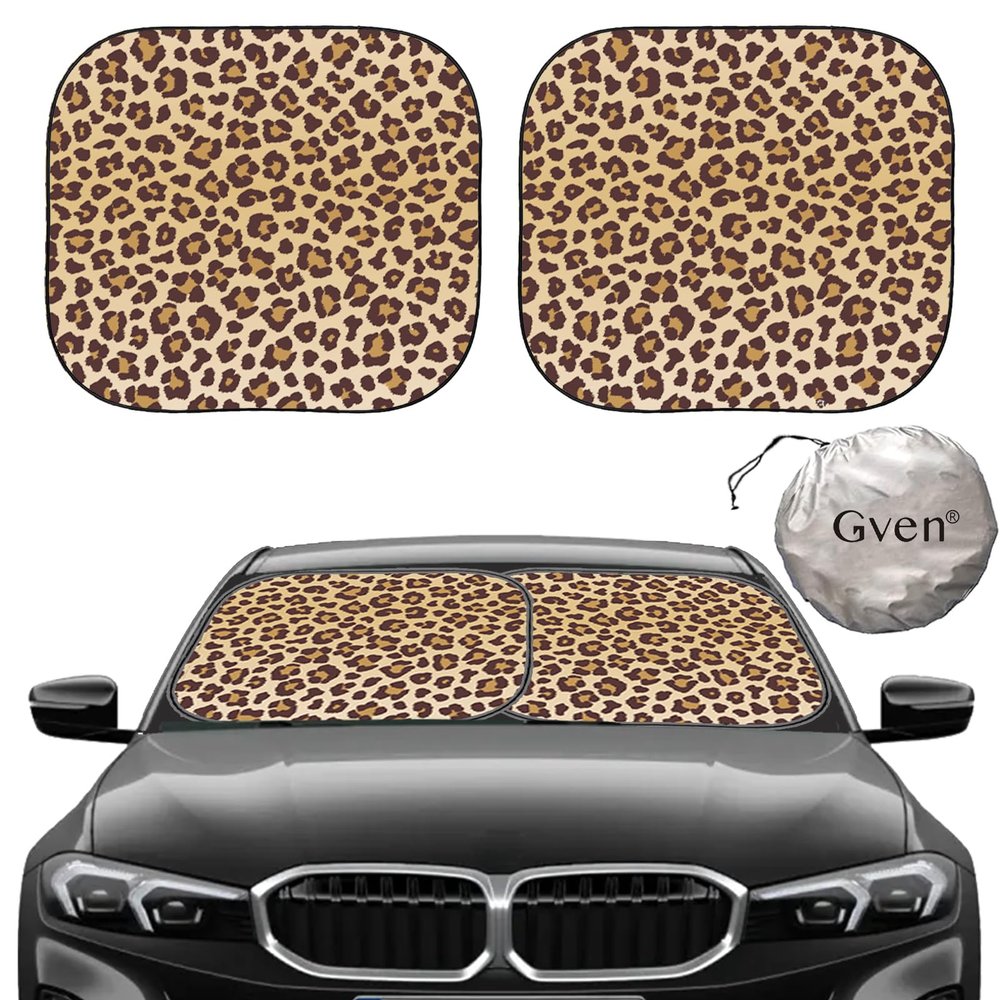 Gven Windshield Sun Shade 2pcs with Bonus Car Sunshade for Front Window Shades 2025 Technology Reflect UV and Heat Sun Visor Automotive Interior Sun Protection (Leopard, S)