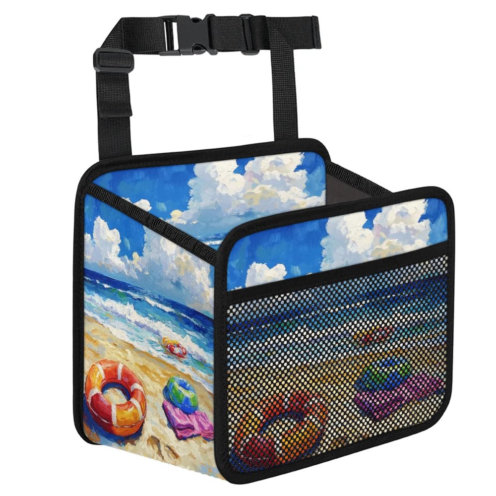 HISQSTUU Beach Scene Painting Car Backseat Organizer PU Leather Swimming Rings Truck Back Seat Trash Bag Universal Hanging Storage Box Travel Accessories Foldable
