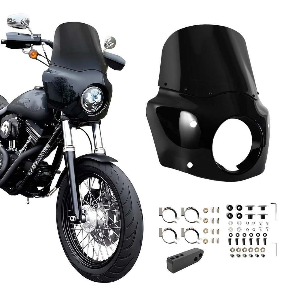 VINTGMT Motorcycle Fairing 5.75" Headlight Fairing with 11" Motorcycle Windshield 49mm Mounting Hardware for Harley Dyna FXD FXDC Street Bob FXDB Low Rider FXDL FXDLS Super Glide FXDI35(Dark Smoke)