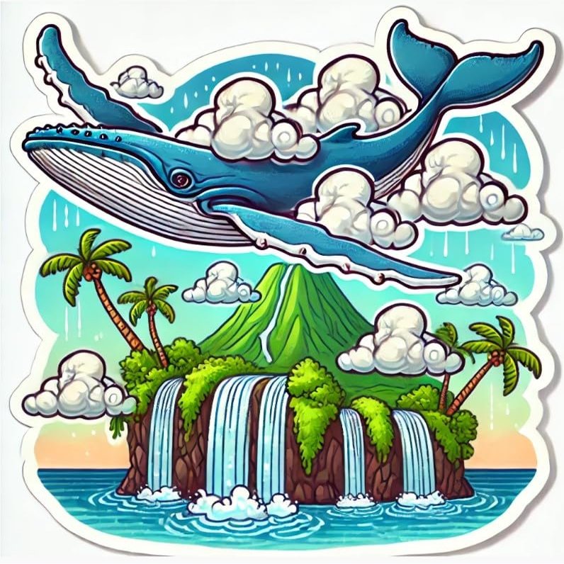 Waterproof Laptop Car Wall Window Bumper Sticker Decal of Humpback Whale Flying with Cloud Wings Over Hawaiian Island with Waterfalls (4)