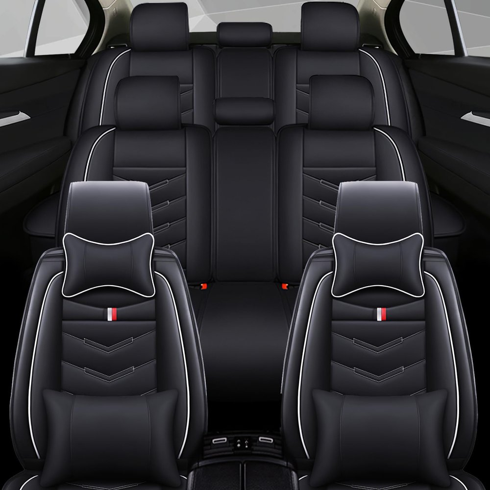 SXXC Car Seat Cover 7 Seats for Mitsubishi Outlander 2003-2026, Waterproof Durable Compatible Airbag, Premium Leather Seat Protector(7 Seats Luxury,Black White)