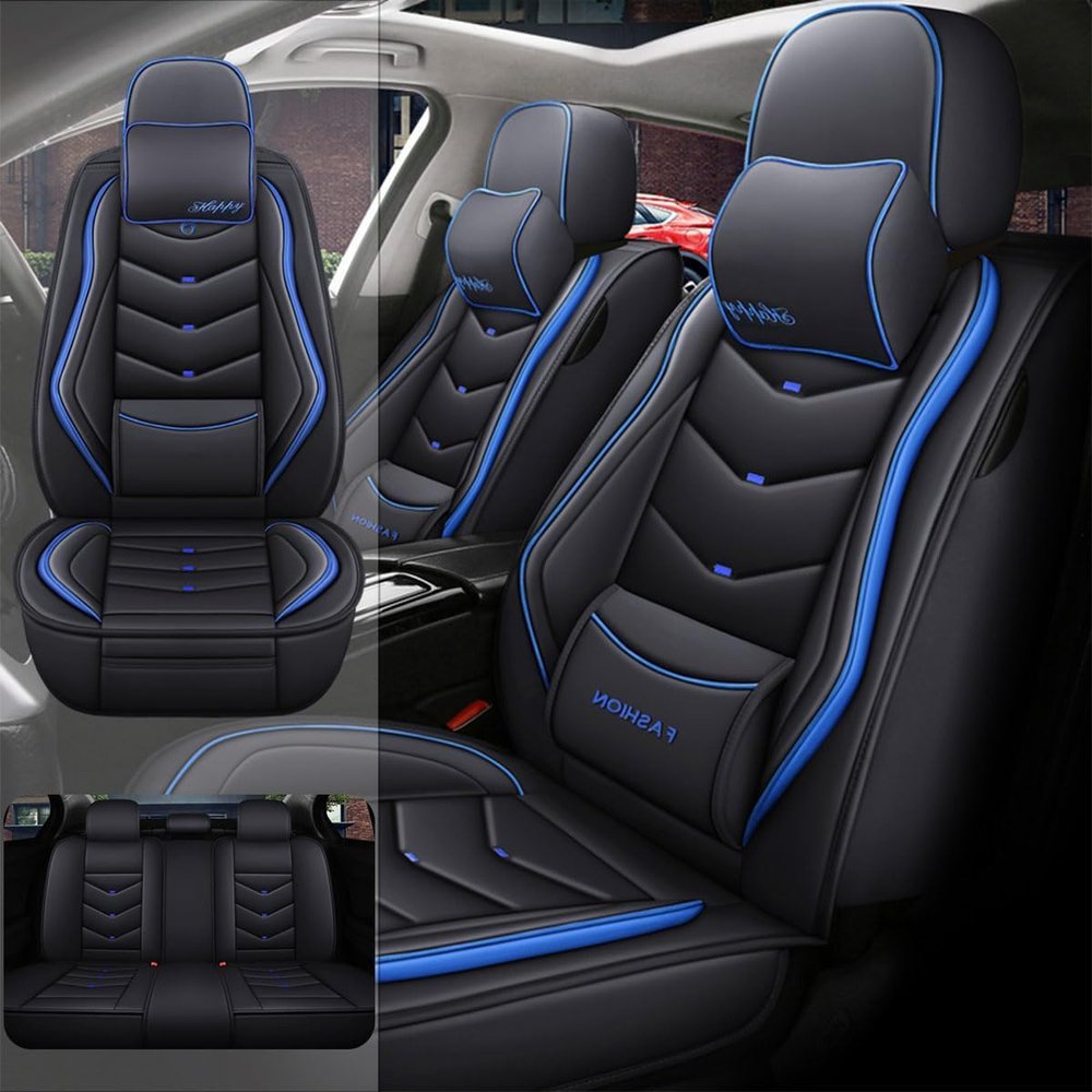 QHYBCK Car Seat Covers Full Set for Toyota Corolla 2001-2026 Leather Seat Covers, Waterproof Non-Slip Breathable and Wear Seat Cover, Car Seat Protector Adapted AirbagsLuxury, Black+Blue