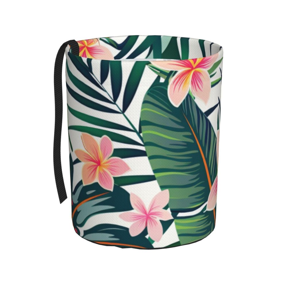 Car Trash Can Hanging, Green Palm Leaves Tropical Flowers Jungle Hibiscus Waterproof Auto Garbage Bin Universal Vehicle Waste Container, 3.5L Capacity