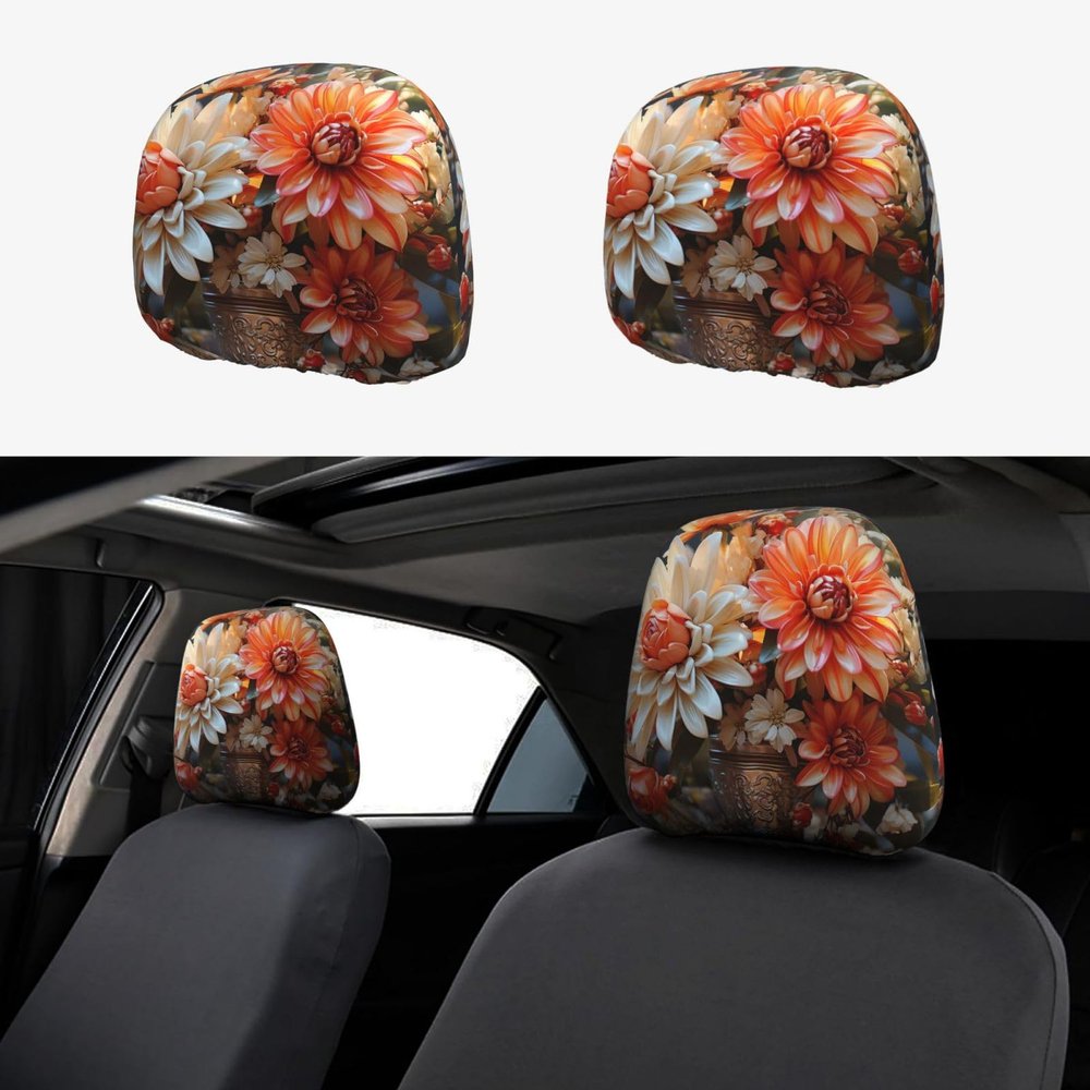 WLKSNBVD 2 PCS Car Seat Headrest Cover Universal Orange Flowers Car Head Rest Protector Stretch Breathable Dust Cover Wrap Protection for Auto Front Seat Rest Decoration