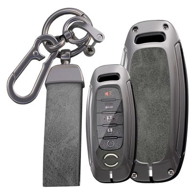 KUNIO 3/4/5 Button Leather Metal Car Key Fob Cover Case Fit for Nissan Rogue Pathfinder 2025 Altima Teana Kicks 2023 Sentra 2024 Key Protective Cover Key Holder Accessories Gray-Long Keychain