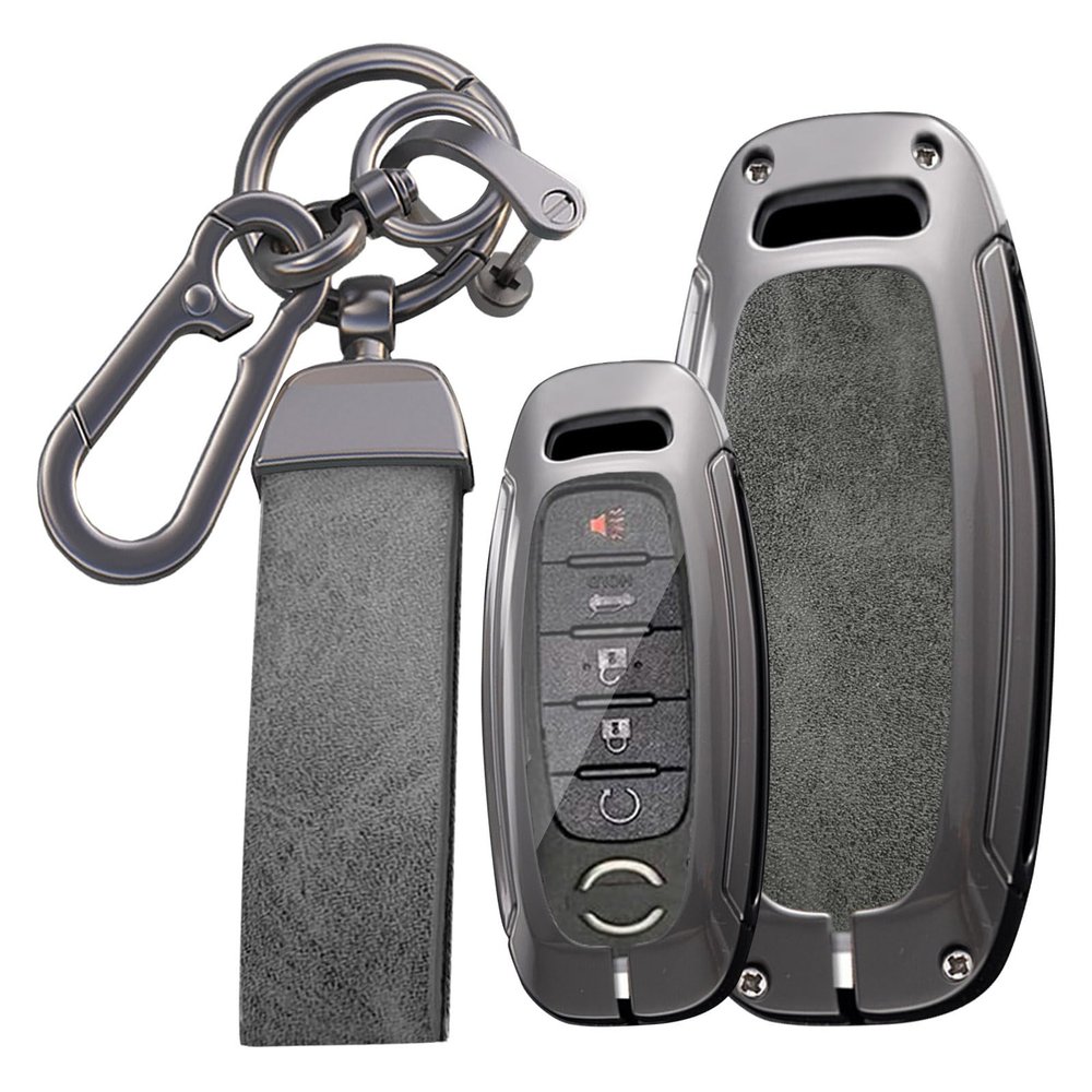 KUNIO 3/4/5 Button Leather Metal Car Key Fob Cover Case Fit for Nissan Rogue Pathfinder 2025 Altima Teana Kicks 2023 Sentra 2024 Key Protective Cover Key Holder Accessories Gray-Long Keychain