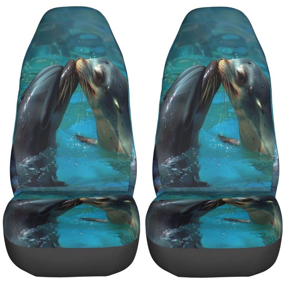 Foruidea Dolphin Sea Lion Kiss Car Seat Covers Universal 2 Pcs Auto Front Seat Cover Fit Most Cars,SUV,Sedan,Trucks