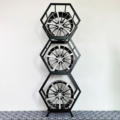 Innovz Garage Tyre Rim Storage Rack Free Stackable, Auto Repair Shop Car Wheel Rim Stand for Display, Steel Car Tire Rim Rack for Factory Workshop Store Exhibition(3 Frames 1 Base)
