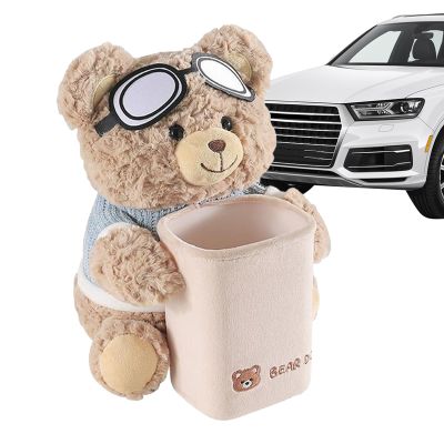 Bear Tissue Holder and Trash Can - Soft Plush Car Tissue Box | 2-in-1 Cartoon Bear Plush Tissue Holder and Trash Can | Multifunctional Garbage Bin | Armrest Storage Box for Vehicle