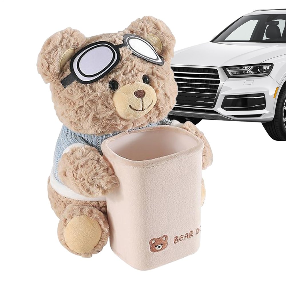 Bear Tissue Holder and Trash Can - Soft Plush Car Tissue Box | 2-in-1 Cartoon Bear Plush Tissue Holder and Trash Can | Multifunctional Garbage Bin | Armrest Storage Box for Vehicle