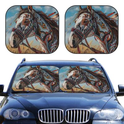 Tribal Painted Horse Car Front Window Sunshades 2-Piece Foldable Windshield Sun Shade Auto Visor Protector Blocks UV Rays Car Front Window Sun Shade, Large