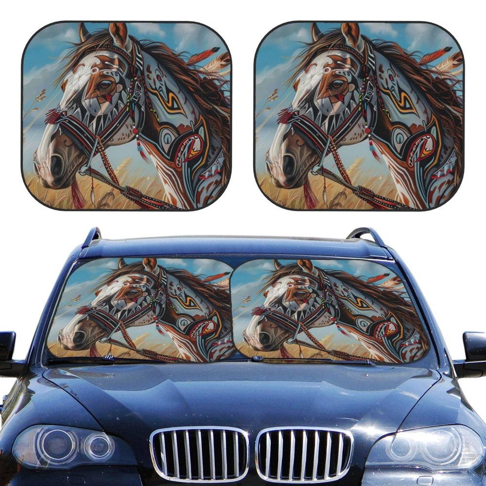 Tribal Painted Horse Car Front Window Sunshades 2-Piece Foldable Windshield Sun Shade Auto Visor Protector Blocks UV Rays Car Front Window Sun Shade, Large