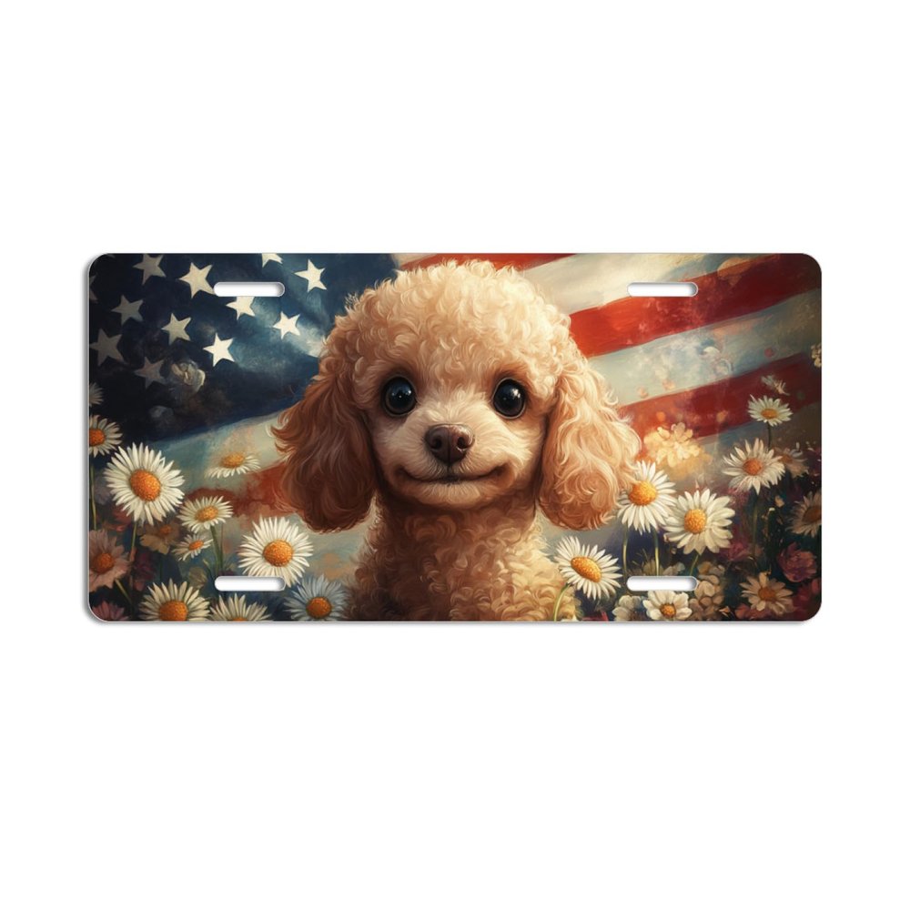NGZ Poodle Floral License Plate, Art American Flag Daisy Flowers Painting Aluminum License Plate Suitable for Car, RVs, Bars, Fences, garages, Veterans Day, etc. 12x6 Inch