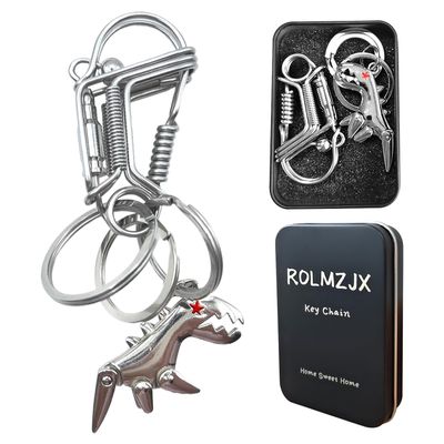 ROLMZJX Handmade Metal Keychains, Car Key Chain, Stainless Key Chain With Small Dinosaur Pendant, Chain Ring Clip Holder Organizer for Home Car Keys Key Finder Women Men(Silvery)