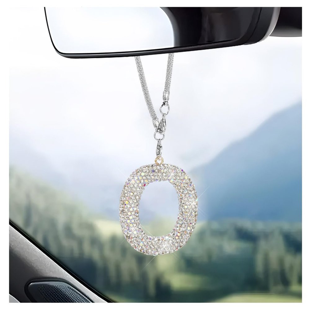 DXNQ Bling Initial Car Rear View Mirror Ornament, Crystal Sparkling Cute Letter Charm Pendant Auto Decor, Hanging Lucky Diamond Initial Charm Car Mirror Bag Ornament for Girl Women (Letter O)