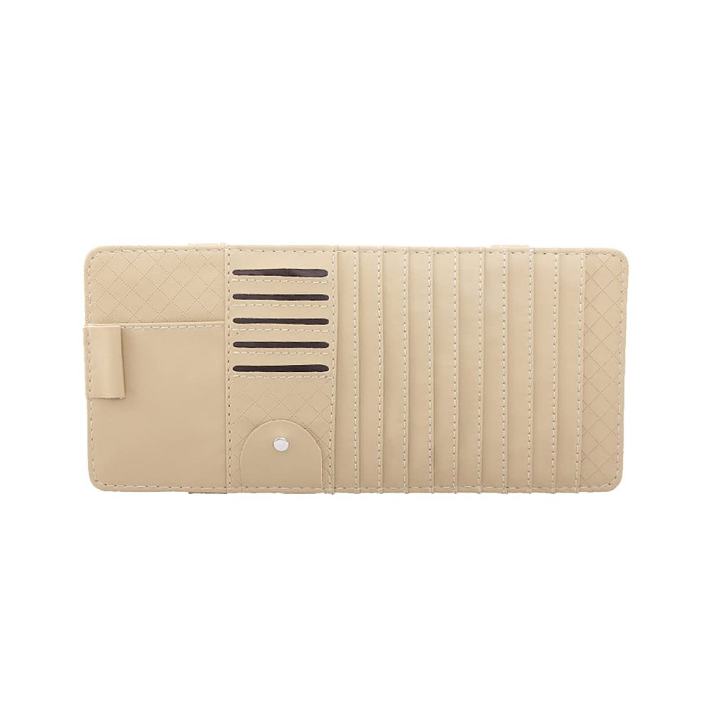 Luxshiny Multi-Functional Visor Organizer CD Holder and Storage Bag Beige Leather Visor Storage for Sunglasses Cards and Pens for Vehicle Accessories