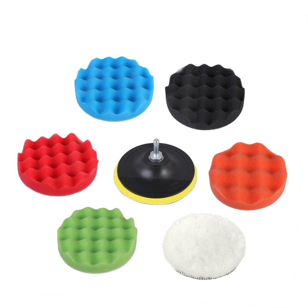 BESTOYARD 7PCS Buffing Sponge Polishing Pad Self Adhesive Discs for Car Waxing Polishing Sealing Includes Polisher Grip Backing Plate Buffing Sponge Pads