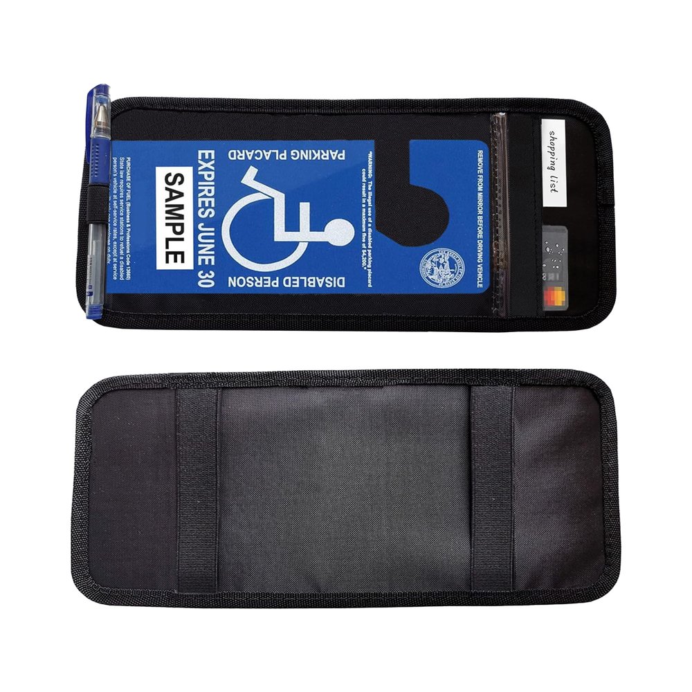 ZIMISI Handicap Placard Holder for Car, Universal Transparent Disabled Parking Permit Sign Protector, Auto Sun Visor Storage Clip Accessories with Pen Holder, Card Slot, Elastic Strap (Black)