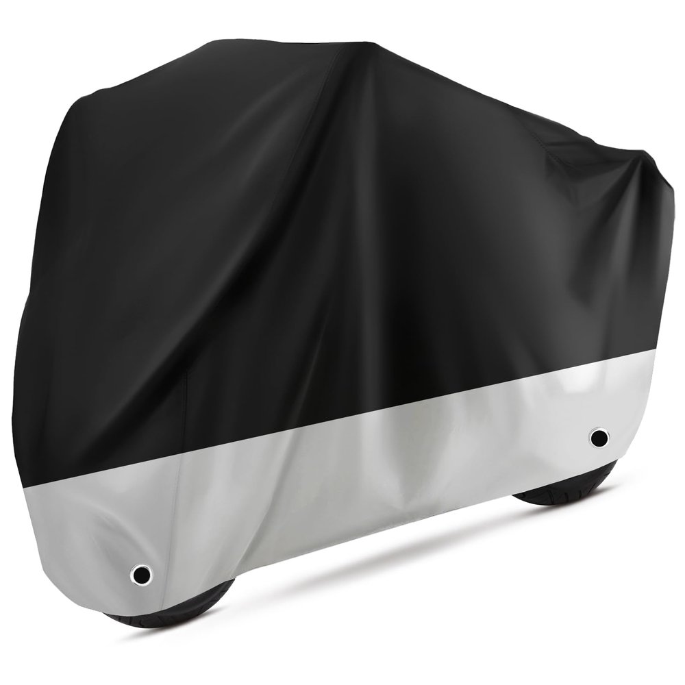 Tokept Motorcycle Cover Waterproof Outdoor Protection with Lock-Holes & Storage Bag Fits up to 104" Motorcycles Vehicle Cover for Harley Davidson Honda Suzuki Kawasaki Yamaha (XXL Black&Silvery)