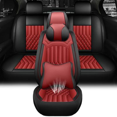 NCNXNN Car Seat Covers for Honda Ridgeline 2010-2026,Leather Waterproof Anti-Slip Four Seasons Universal Seat Cover,Protector Comfort Car Seat Cover with Airbag(Black&Red,5 with Pillows)