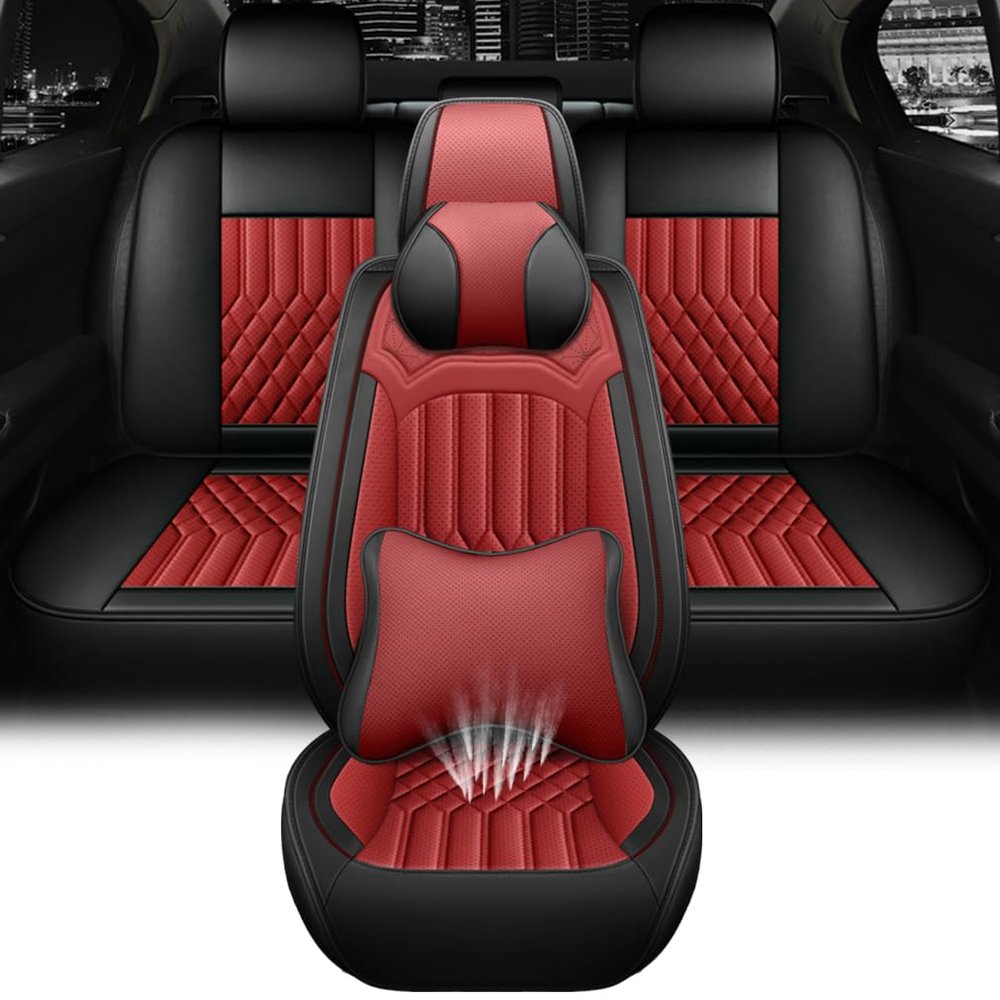NCNXNN Car Seat Covers for Honda Ridgeline 2010-2026,Leather Waterproof Anti-Slip Four Seasons Universal Seat Cover,Protector Comfort Car Seat Cover with Airbag(Black&Red,5 with Pillows)