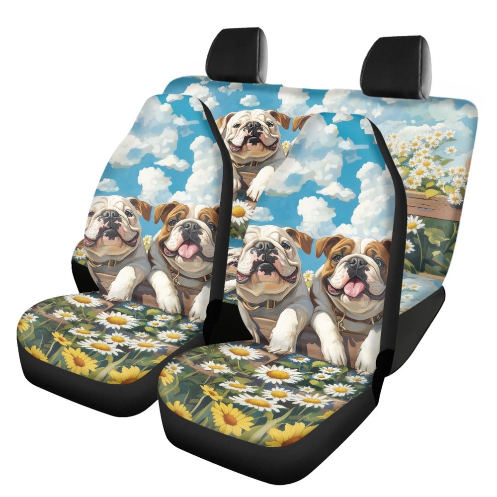 Allhaitong Car Seat Cover Set Cute Pugs Flowers Print Universal Soft Durable Bucket Seats Protector Decorative Auto Interior Accessory Fit Most Cars Truck SUV Van