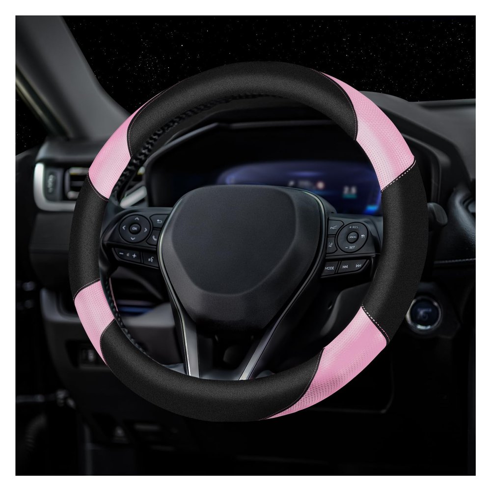 Soft Leather Steering Wheel Cover with Breathable Design and Anti-Slip Grip, Fully Compatible with Tesla, Toyota, Honda, Nissan 14.5-15.2 inch Round Steering WheelSedans and SUVs