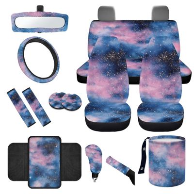 gearider Galaxy Sky Car Accessories Set Auto Seat Cover Steering Wheel Cover Seatbelt Pad Trash Can Armrest Cover Pad Cup Holders Rearview Mirror Cover Handbrake Cover Set, 14 Pack, Pink Blue
