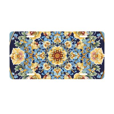 Front License Plate for Car Designs Golden Blue Mandala Flower Stainless License Plate Holder for Men Women Metal Aluminum Decorative Accessory Vanity Tag Standard 6 X 12 Inch (4 Holes)