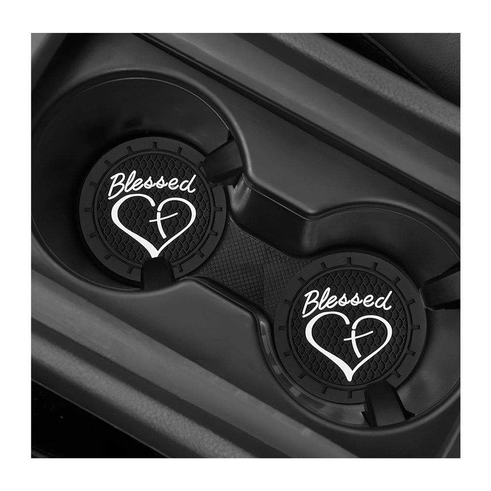 MUQIDA 2 PCS Car Cup Holder Coaster, 2.76 Inch Soft PVC Non-Slip Blessed Cross and Heart Christian Car Cup Coasters, Auto Interior Shockproof Insert Drink Mat for Most Vehicles (Black)