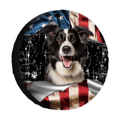 Smiling Border Collie Dog with US Flag Decor Spare Tire Cover Fit for Car, SUV, Rv, Trailer, Truck, Protects Against Dust, Sun and Increases The Life of Tyres, 14-18 Inches