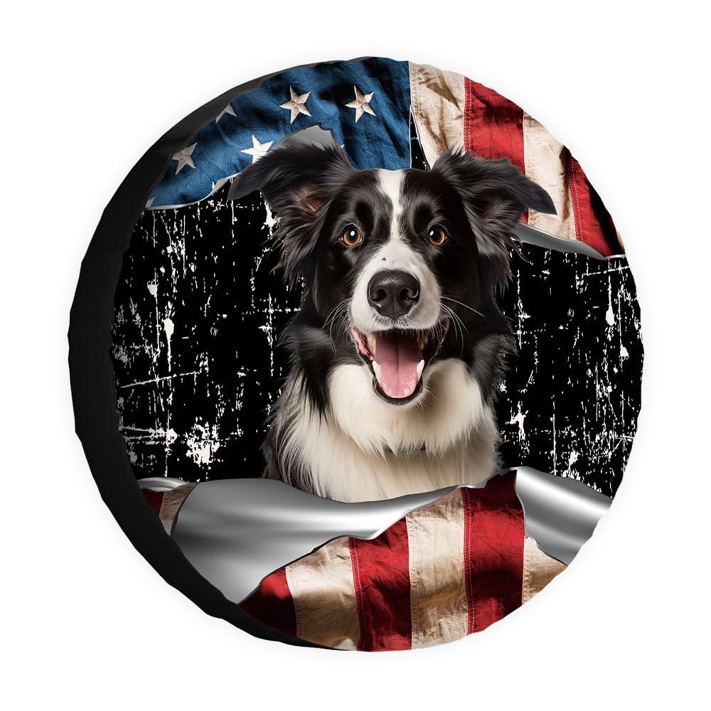 Smiling Border Collie Dog with US Flag Decor Spare Tire Cover Fit for Car, SUV, Rv, Trailer, Truck, Protects Against Dust, Sun and Increases The Life of Tyres, 14-18 Inches