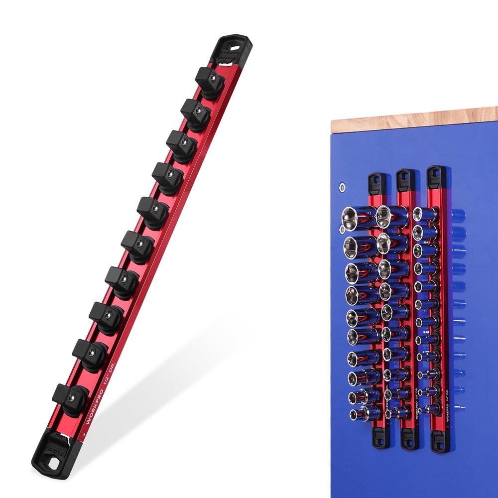 WORKPRO Magnetic Socket Organizer, 1/2" Drive Aluminum Alloy Socket Holder with 10 PC Removable Socket Clips for Quick Customization, Socket Rail for Tool Box Drawer (Sockets Not Included)