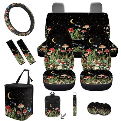 gearider Mushroom Car Seat Cover Full Set with Steering Wheel Cover Seatbelt Pads Car Cup Mat Flower Auto Garbage Bin Keychain USA Flag Air Vent Storage Pouch, 12 PCS