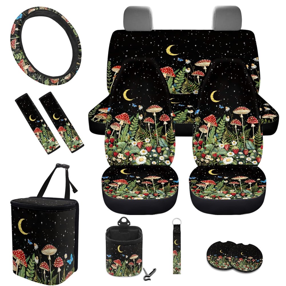 gearider Mushroom Car Seat Cover Full Set with Steering Wheel Cover Seatbelt Pads Car Cup Mat Flower Auto Garbage Bin Keychain USA Flag Air Vent Storage Pouch, 12 PCS
